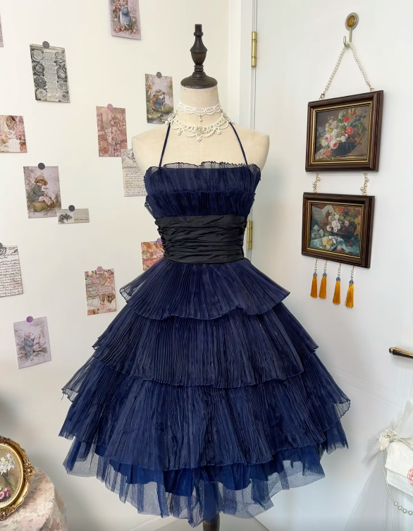 Spaghetti Straps Navy Blue Pleated Homecoming Dress Short Birthday Dress  P1809
