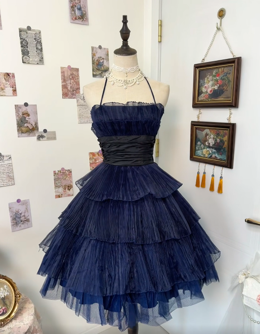 Spaghetti Straps Navy Blue Pleated Homecoming Dress Short Birthday Dress  P1809