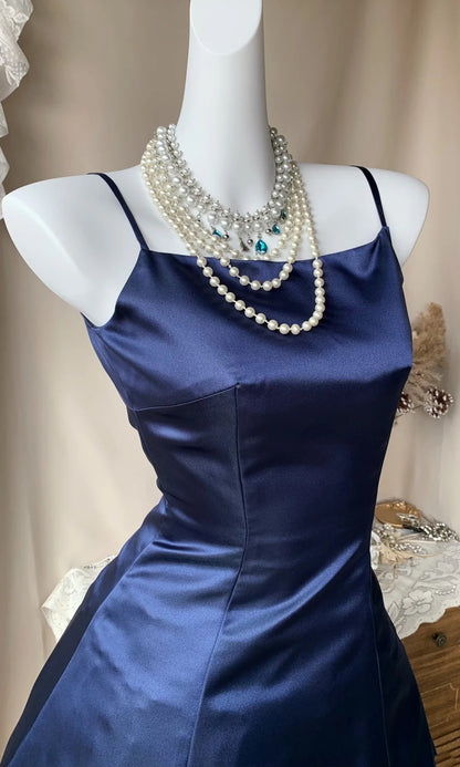 Spaghetti Straps Navy Blue Satin A Line Homecoming Dress  P1890