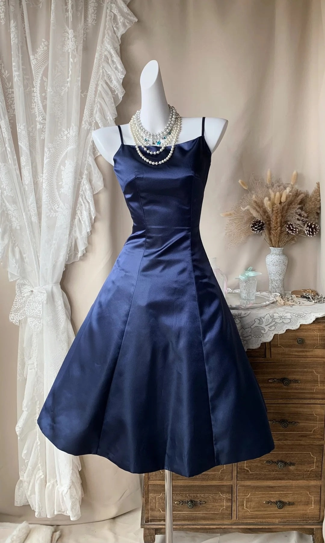 Spaghetti Straps Navy Blue Satin A Line Homecoming Dress  P1890