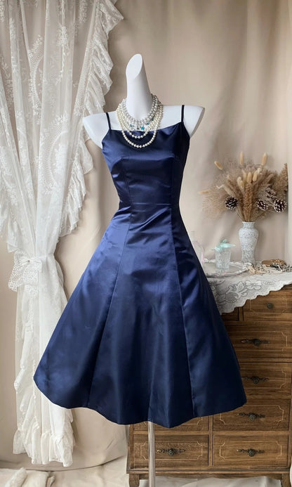 Spaghetti Straps Navy Blue Satin A Line Homecoming Dress  P1890
