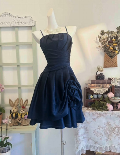Spaghetti Straps Navy Blue Satin Retro Homecoming Dress  P2121