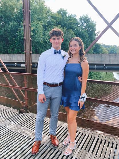 Spaghetti Straps Navy Blue Satin Ruffled Homecoming Dress  P2015
