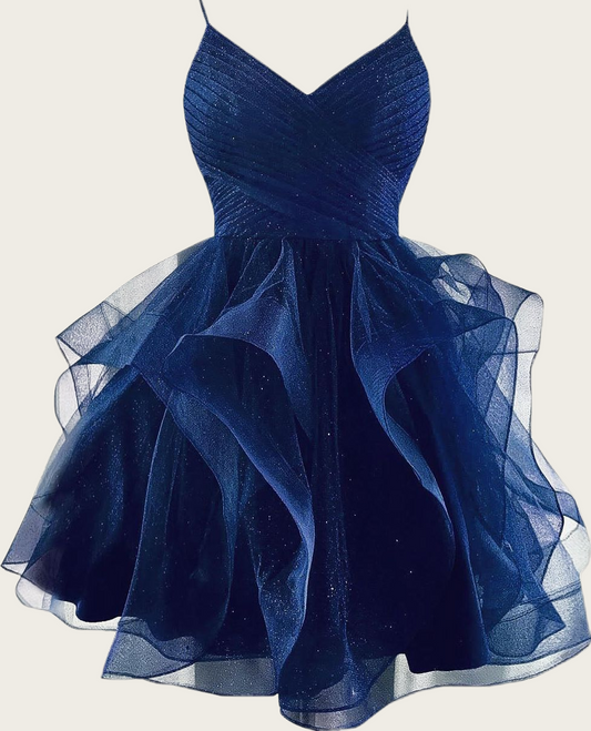 Spaghetti Straps Navy Blue Tulle Homecoming Dress  P1562