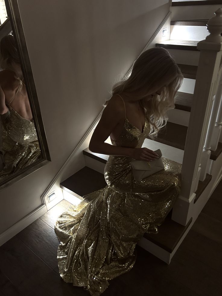 Spaghetti Straps Open Back Gold Sequins Formal Prom Dress  P2531