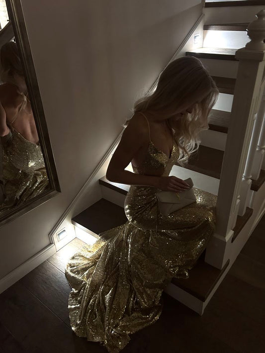 Spaghetti Straps Open Back Gold Sequins Formal Prom Dress  P2531