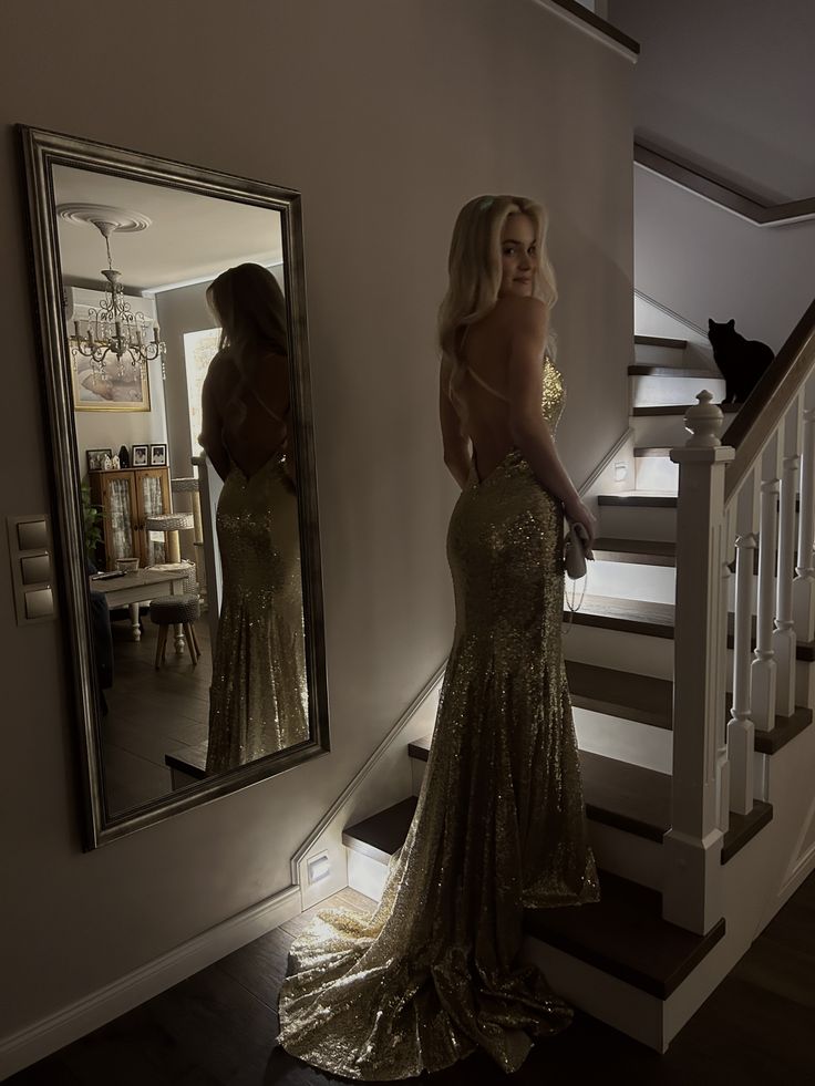 Spaghetti Straps Open Back Gold Sequins Formal Prom Dress  P2531