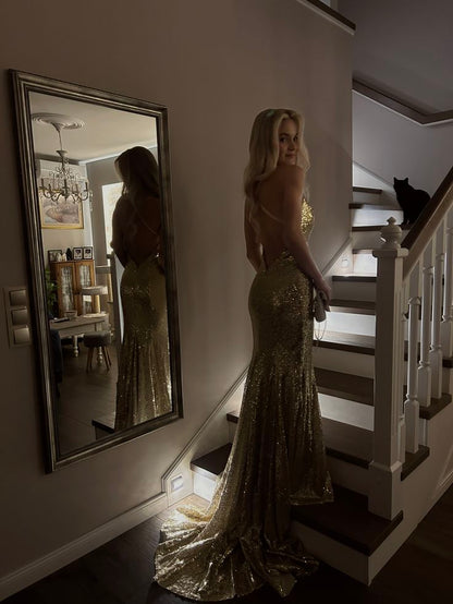 Spaghetti Straps Open Back Gold Sequins Formal Prom Dress  P2531
