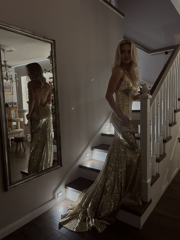 Spaghetti Straps Open Back Gold Sequins Formal Prom Dress  P2531