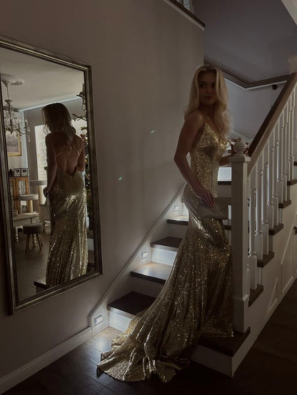 Spaghetti Straps Open Back Gold Sequins Formal Prom Dress  P2531