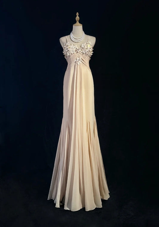 Spaghetti Straps Peach Chiffon Retro Prom Dress With Floral   P2633
