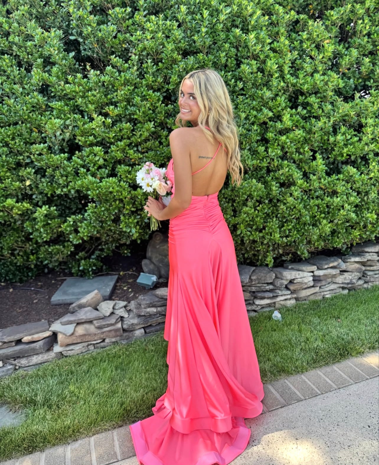 Spaghetti Straps Peach Satin Prom Dress Ruffled Evening Dress  P1588