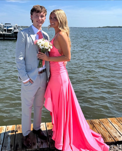 Spaghetti Straps Peach Satin Prom Dress Ruffled Evening Dress  P1588