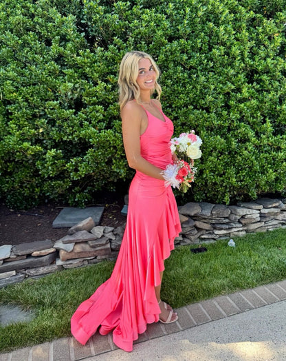 Spaghetti Straps Peach Satin Prom Dress Ruffled Evening Dress  P1588