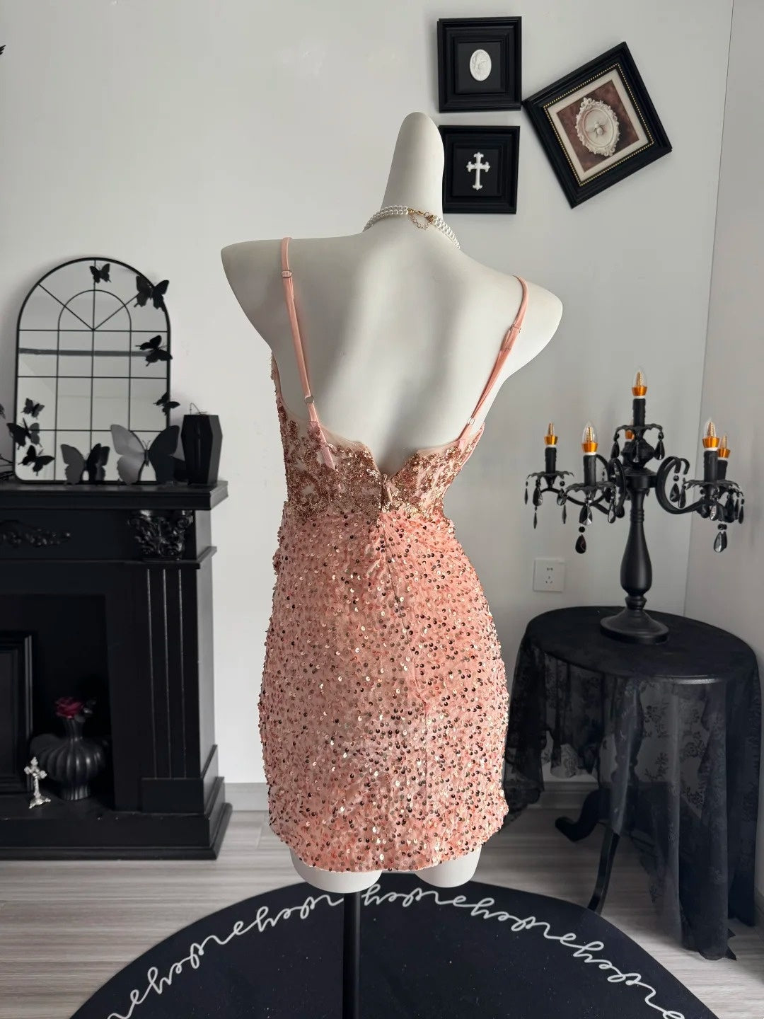 Spaghetti Straps Peach Sequin Homecoming Dress Short Cocktail Dress  P2061