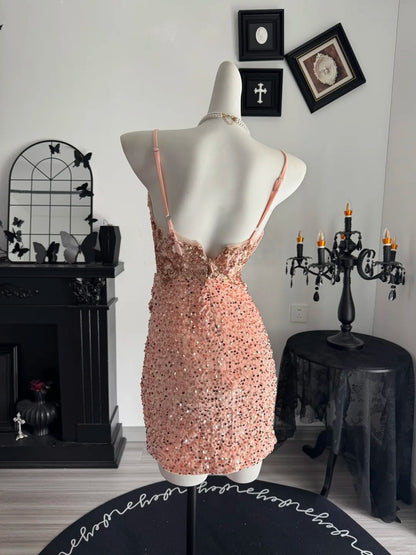 Spaghetti Straps Peach Sequin Homecoming Dress Short Cocktail Dress  P2061