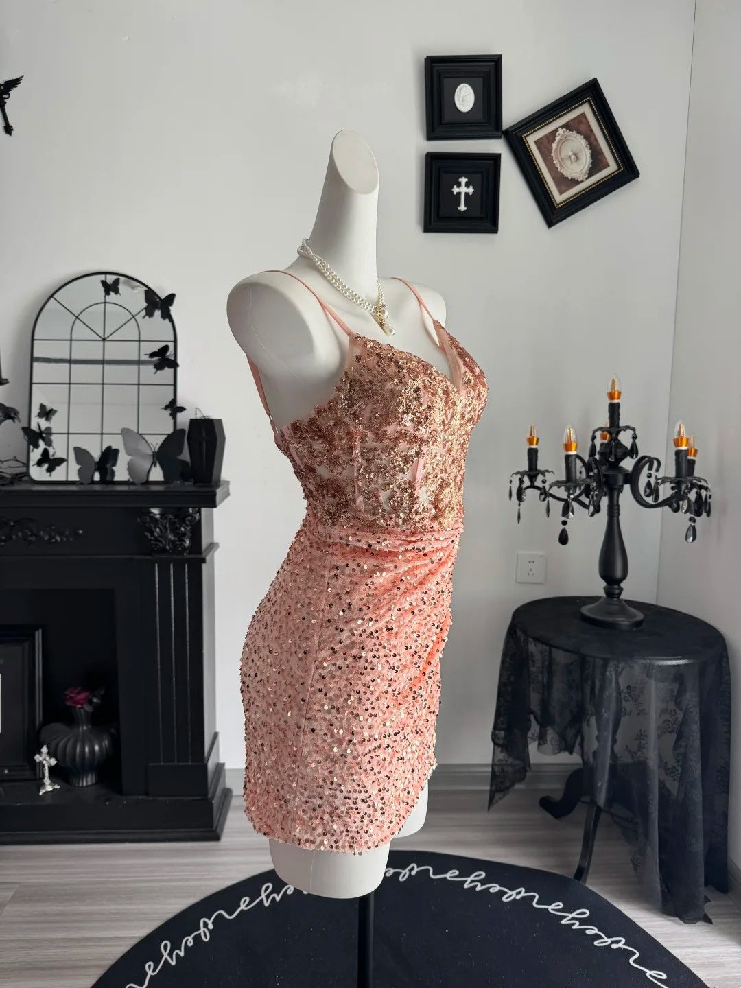 Spaghetti Straps Peach Sequin Homecoming Dress Short Cocktail Dress  P2061