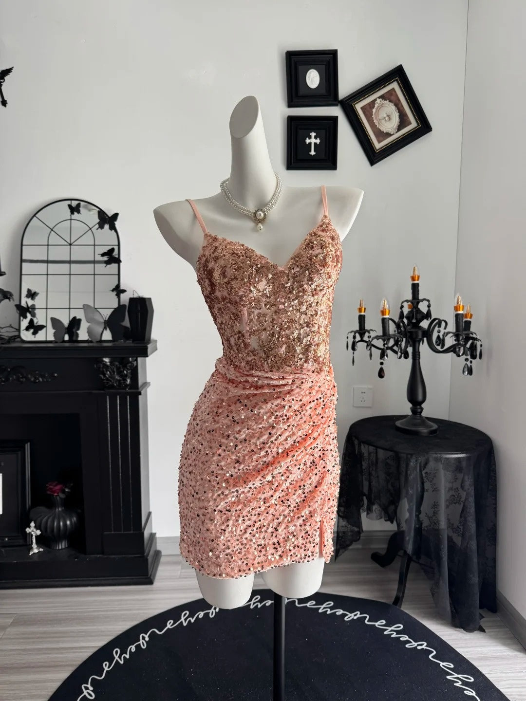 Spaghetti Straps Peach Sequin Homecoming Dress Short Cocktail Dress  P2061