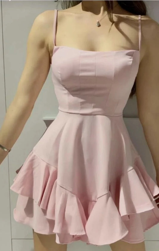 Spaghetti Straps Pink A Line Homecoming Dress   P2237