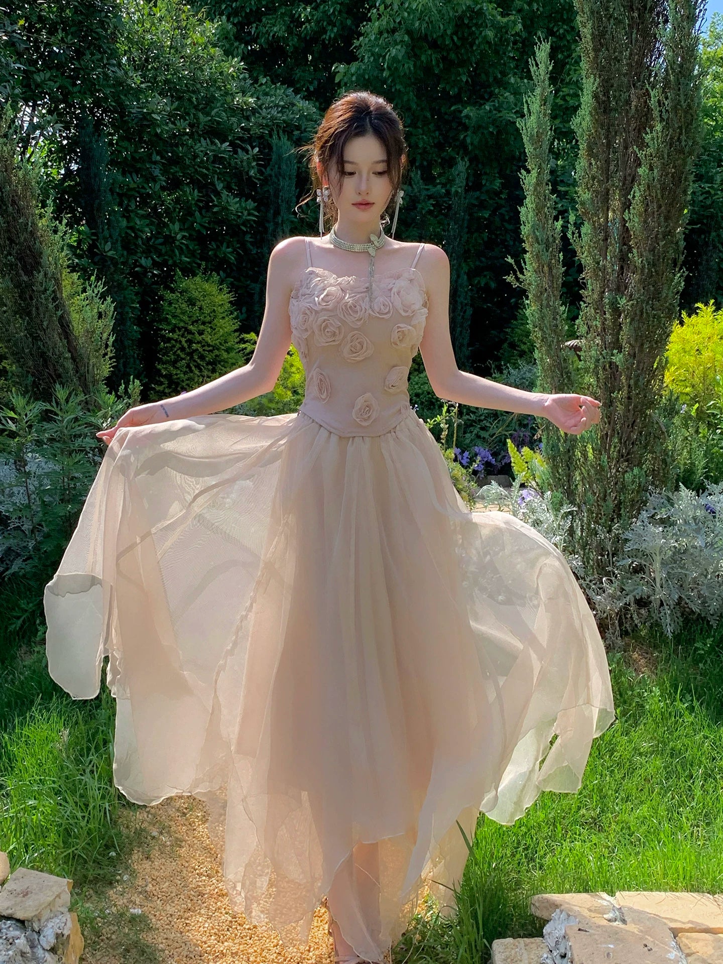 Spaghetti Straps Pink A Line Prom Dress with 3d Flowers  P1645