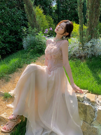 Spaghetti Straps Pink A Line Prom Dress with 3d Flowers  P1645