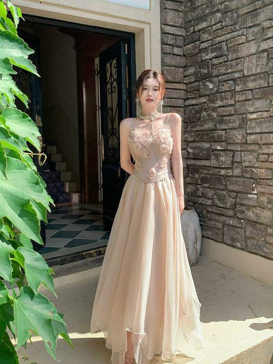 Spaghetti Straps Pink A Line Prom Dress with 3d Flowers  P1645
