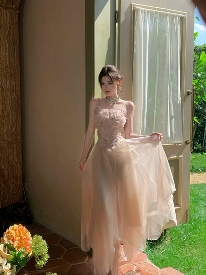 Spaghetti Straps Pink A Line Prom Dress with 3d Flowers  P1645