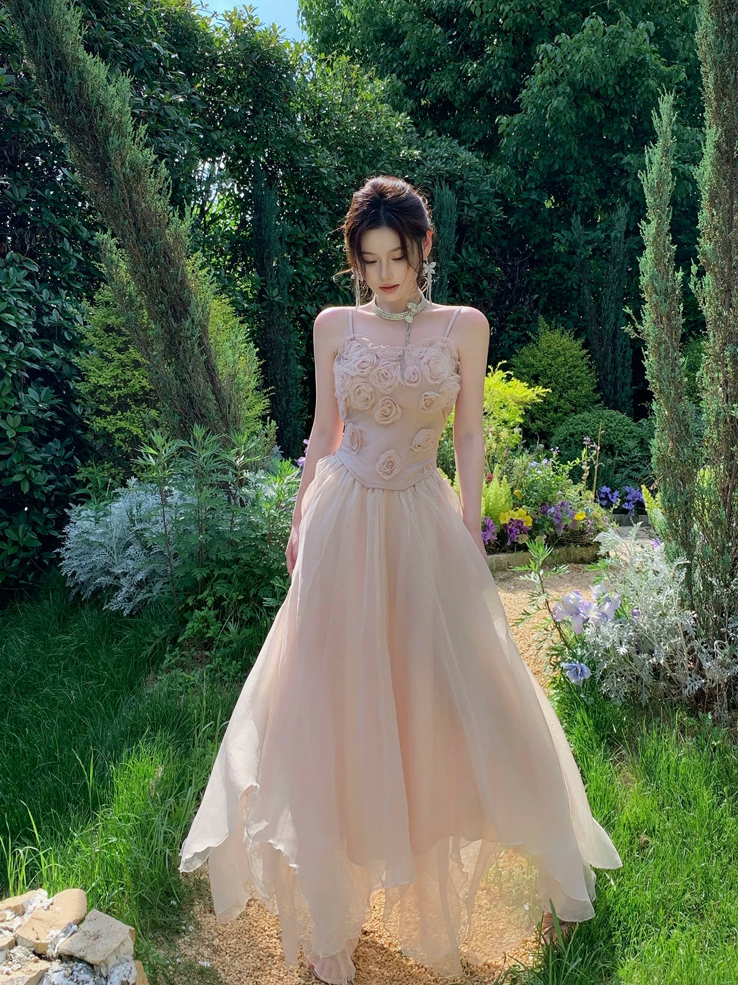 Spaghetti Straps Pink A Line Prom Dress with 3d Flowers  P1645