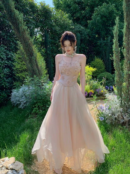 Spaghetti Straps Pink A Line Prom Dress with 3d Flowers  P1645