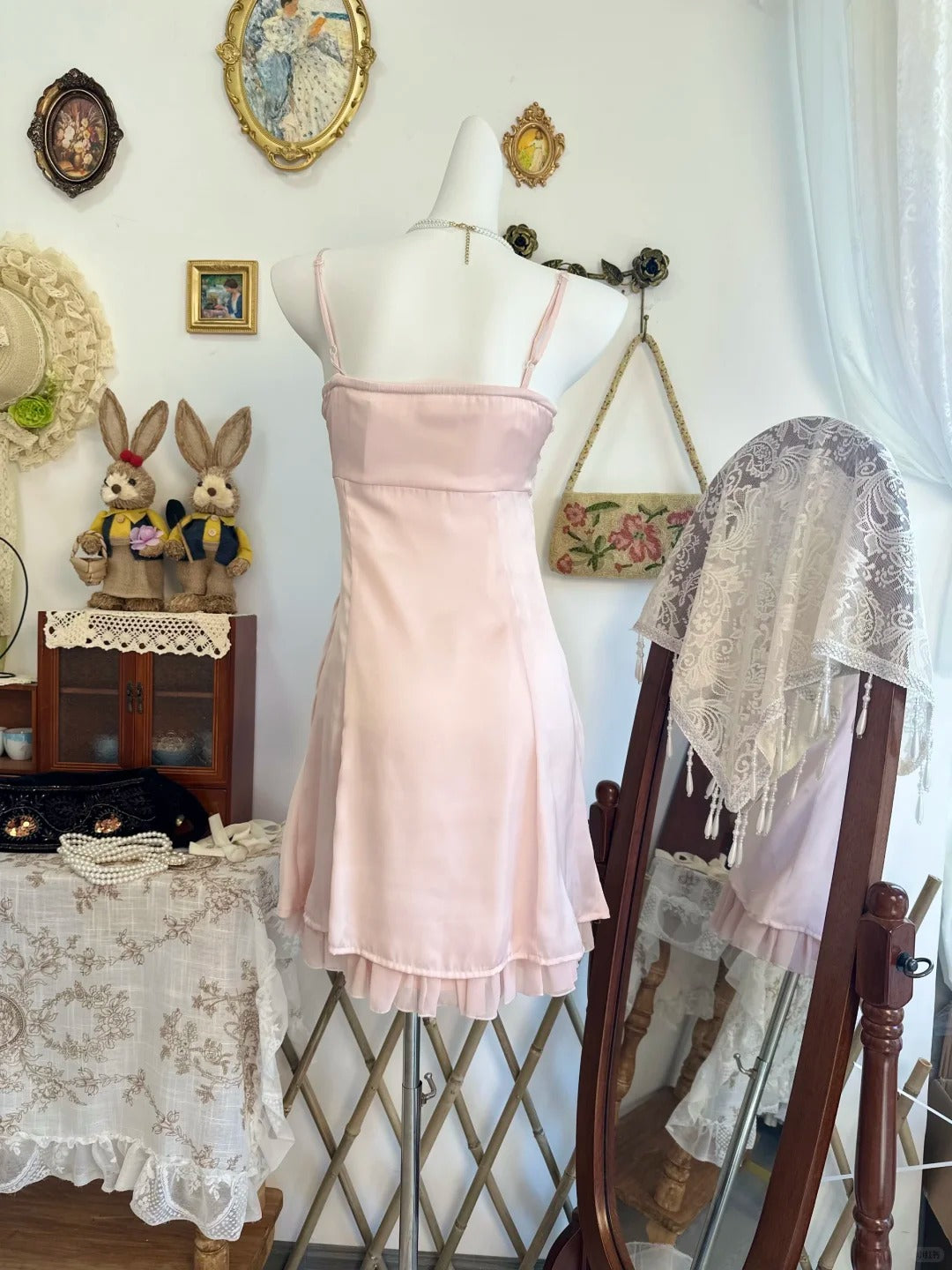 Spaghetti Straps Pink Chiffon Homecoming Dress Retro Birthday Dress  P2134