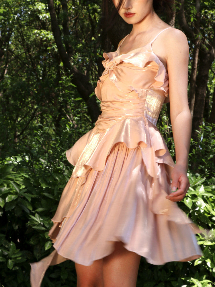Spaghetti Straps Pink Ruffled Birthday Dress A Line Party Dress  P782