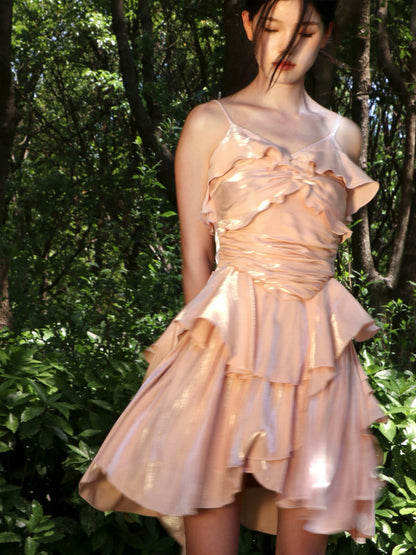 Spaghetti Straps Pink Ruffled Birthday Dress A Line Party Dress  P782