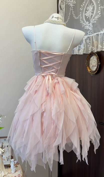 Spaghetti Straps Pink Ruffled Homecoming Dress A Line Party Dress  P1879