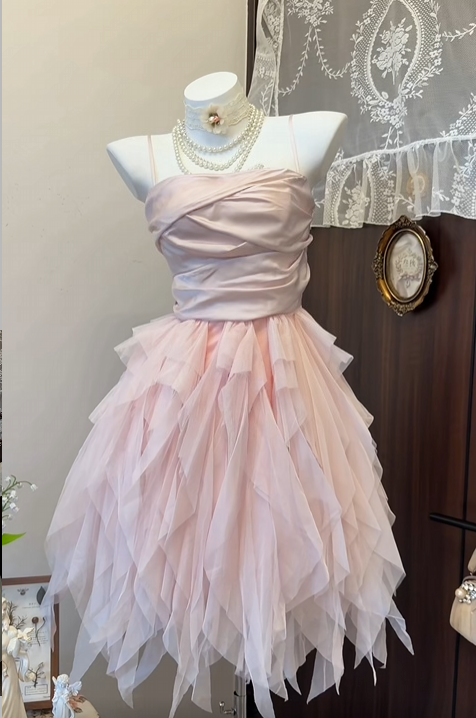 Spaghetti Straps Pink Ruffled Homecoming Dress A Line Party Dress  P1879