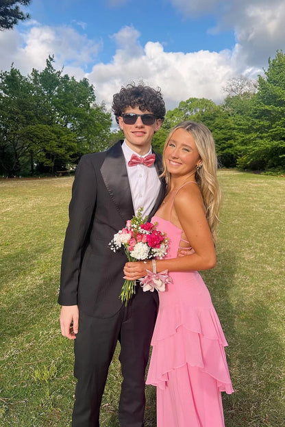 Spaghetti Straps Pink Ruffled Long Wedding Guest Dress  P2597