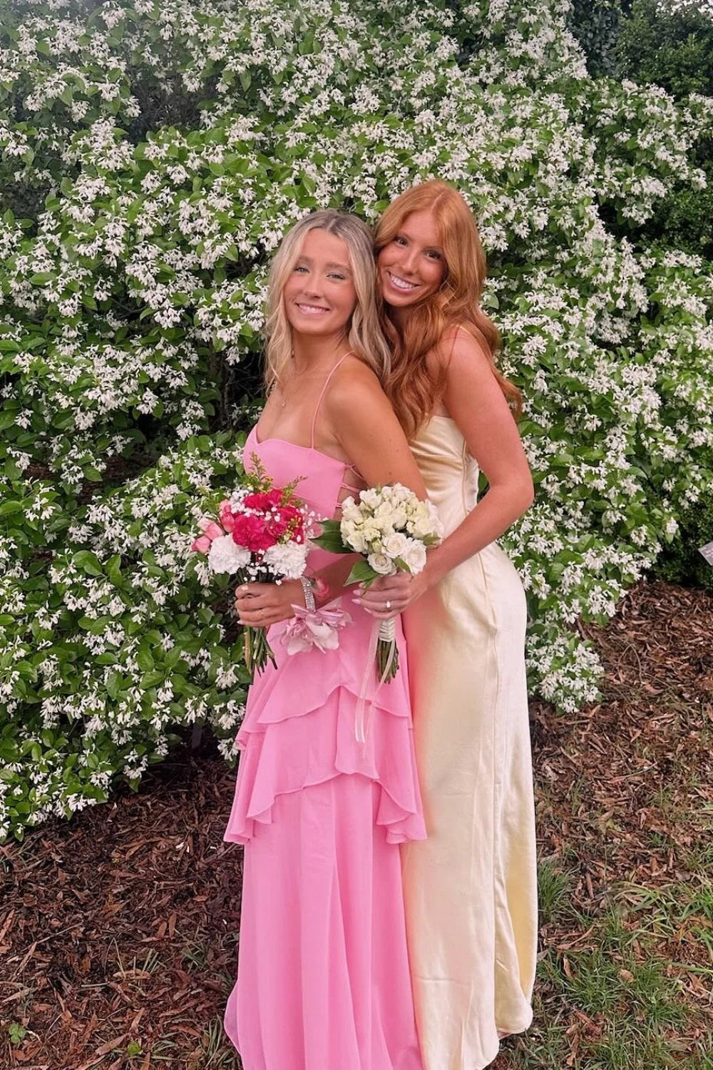 Spaghetti Straps Pink Ruffled Long Wedding Guest Dress  P2597