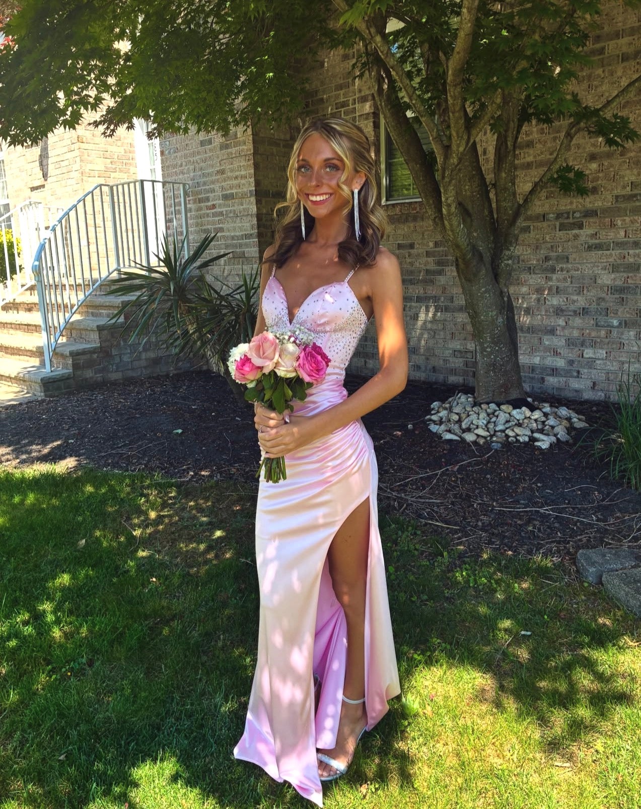 Spaghetti Straps Pink Satin Prom Dress Beaded Mermaid Evening Gown  P1579