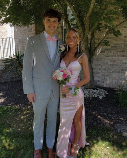 Spaghetti Straps Pink Satin Prom Dress Beaded Mermaid Evening Gown  P1579