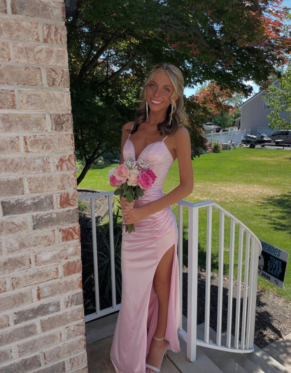 Spaghetti Straps Pink Satin Prom Dress Beaded Mermaid Evening Gown  P1579