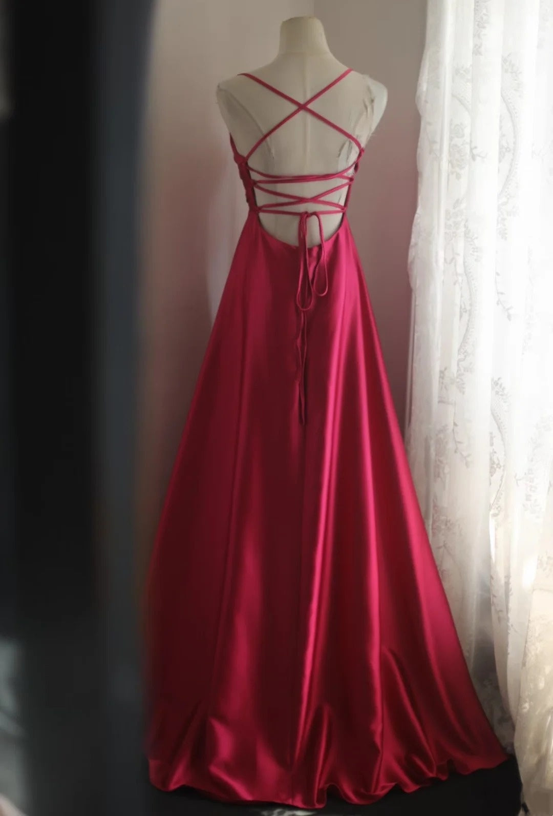 Spaghetti Straps Pink Satin Prom Dress Open Back Bridesmaid Dress  P1698