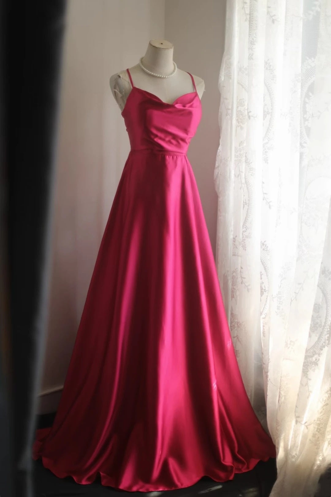 Spaghetti Straps Pink Satin Prom Dress Open Back Bridesmaid Dress  P1698