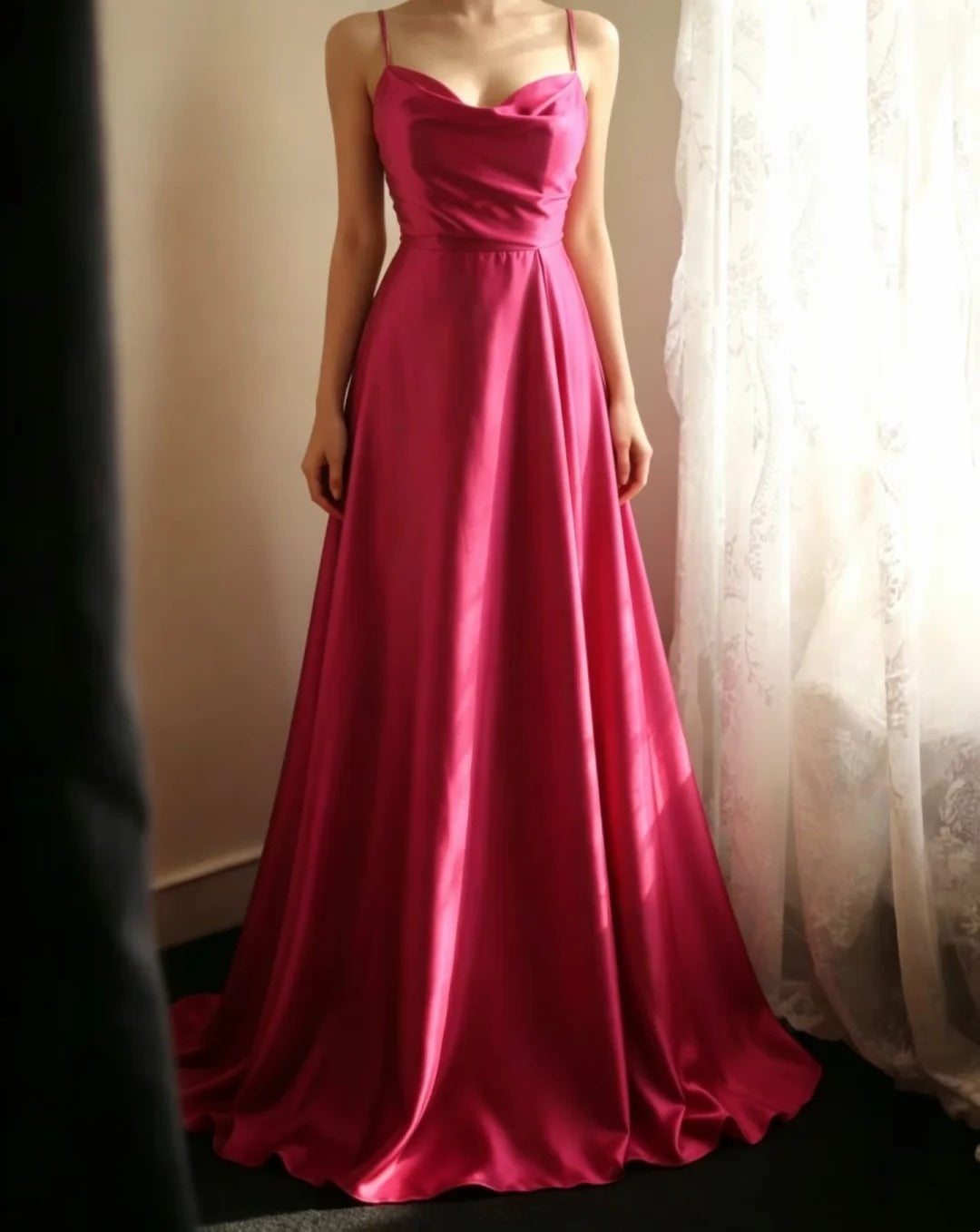 Spaghetti Straps Pink Satin Prom Dress Open Back Bridesmaid Dress  P1698