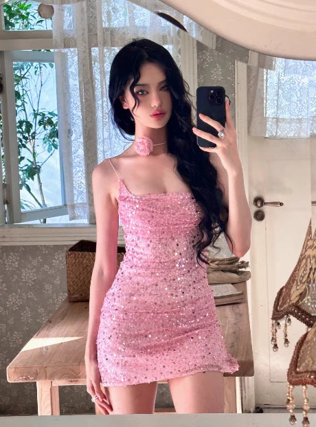 Spaghetti Straps Pink Sequin Homecoming Dress Sheath Birthday Dress  P2165