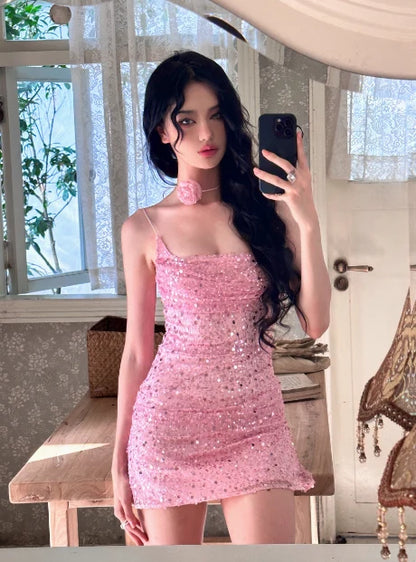 Spaghetti Straps Pink Sequin Homecoming Dress Sheath Birthday Dress  P2165