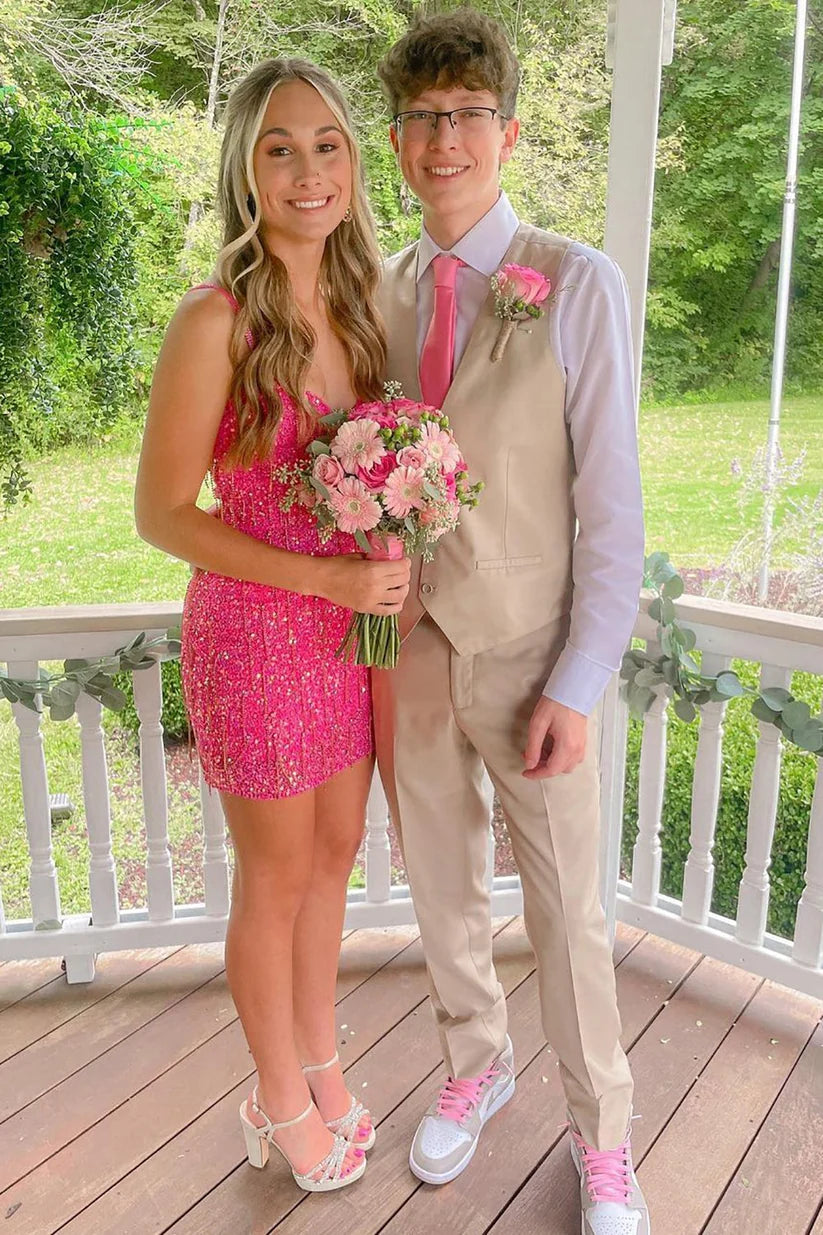Spaghetti Straps Pink Sequins Short Cocktail Dress with Tassel  P2290