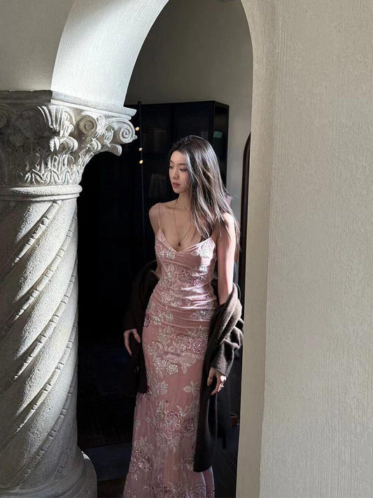 Spaghetti Straps Pink Sheath Prom Dress Flora  Birthday Dress  L69