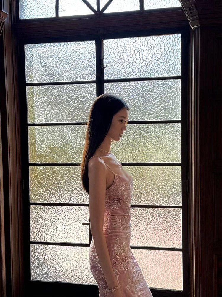 Spaghetti Straps Pink Sheath Prom Dress Flora  Birthday Dress  L69