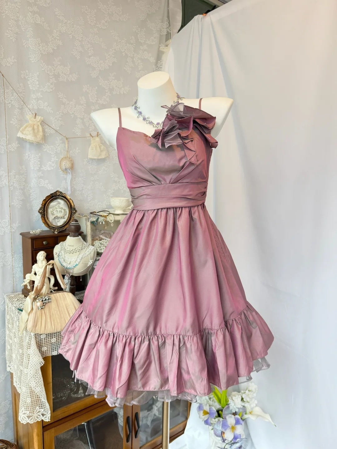 Spaghetti Straps Pink Taffeta A Line Homecoming Dress  P1860