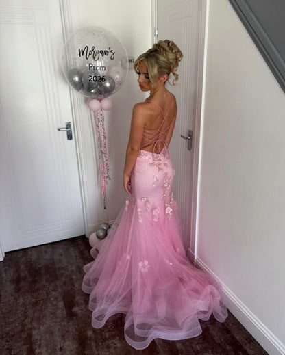 Spaghetti Straps Pink Tulle Mermaid Prom Dress With Appliques  P1559