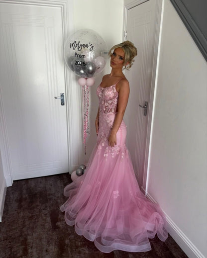Spaghetti Straps Pink Tulle Mermaid Prom Dress With Appliques  P1559